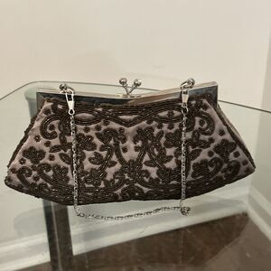 Vintage Beaded Evening Clutch Bag – Silver Tone Frame & Chain